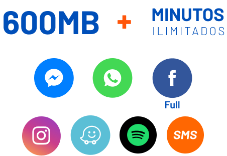 600mb + minutos ilimitados. Messenger, WhatApp, Facebook Full, Instagram, Waze, Spotify, SMS